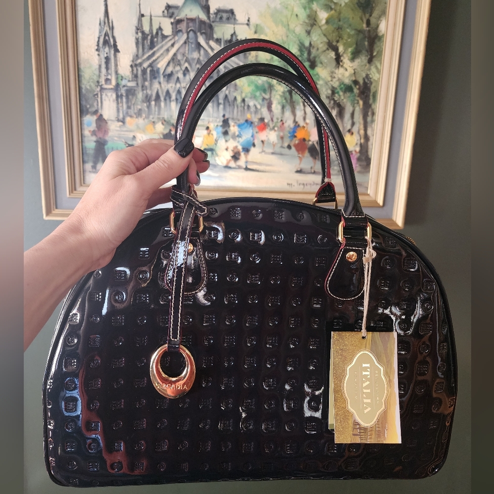 ARCADIA Dark Blue Patent Leather With Red Trim Handle Bag - Made in Italy - NWT
